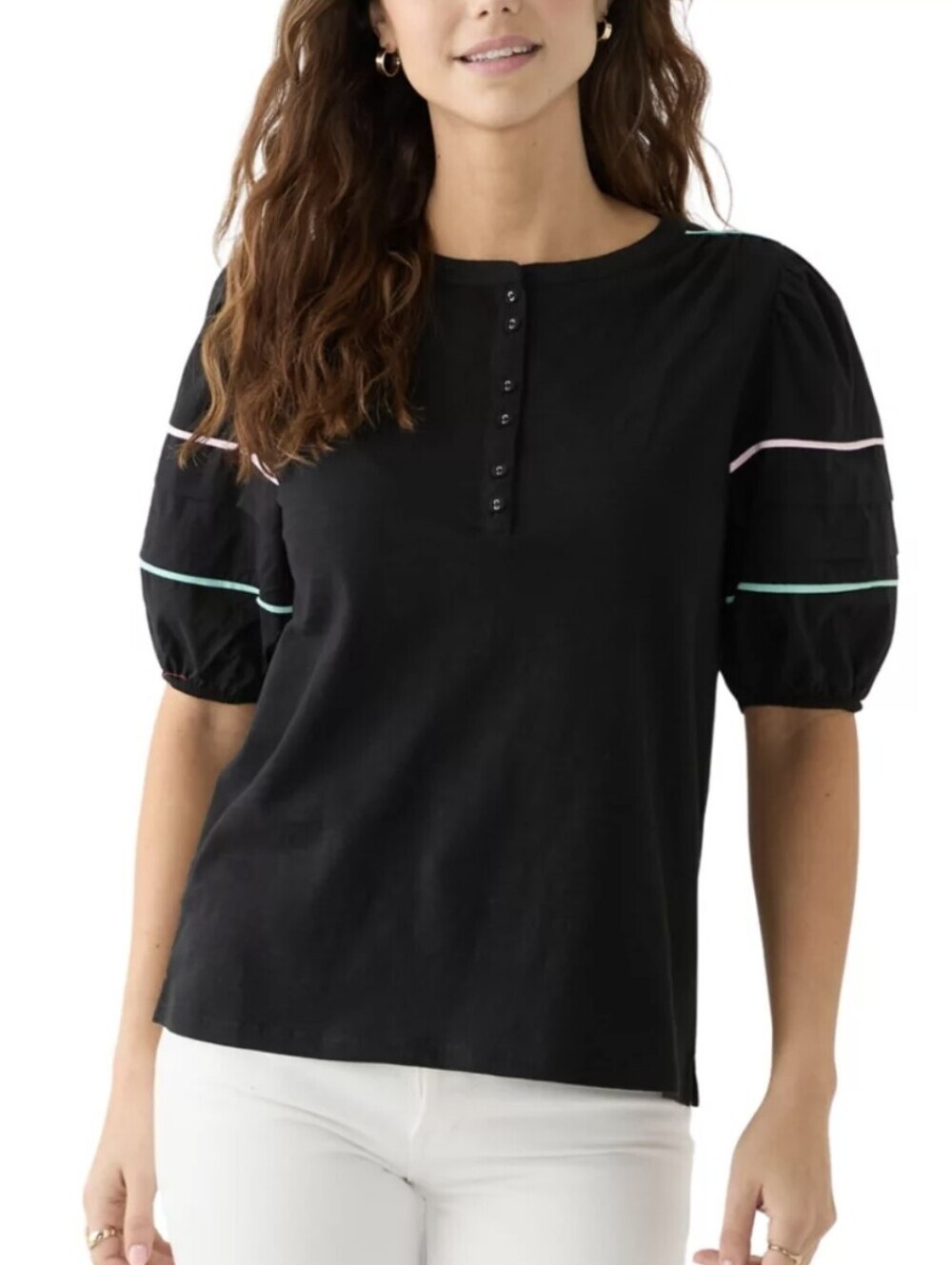 Crown & Ivy Black Piping Henley Puff Sleeve Top NWT Large